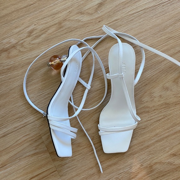 White Square Toe Strappy Lace-up Sandals - Picture 2 of 5